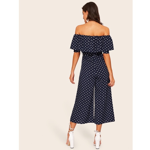 Navy Blue Polka Dot Off Shoulder Belted Jumpsuit - Picture 3 of 7